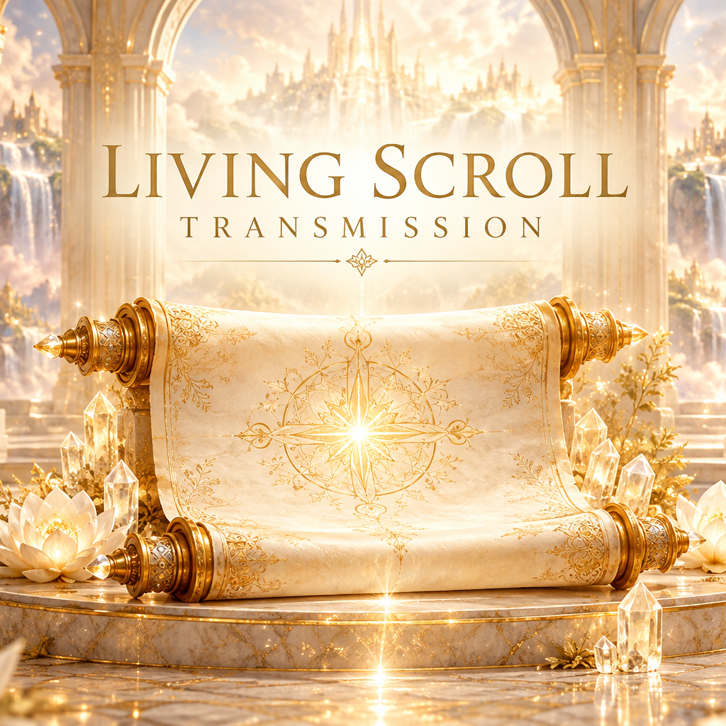 Living Scroll Transmission — luminous ivory and gold scroll in a golden temple